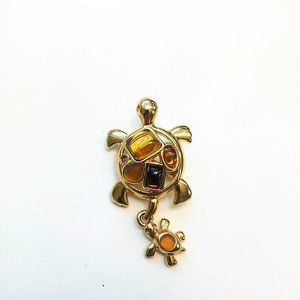 Monet Turtle Brooch Pin Signed Mama & Baby Dangling Vintage 80s 90s